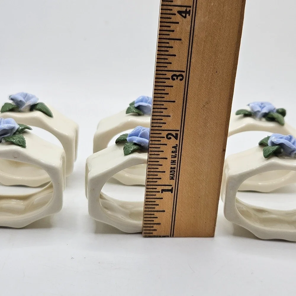Vintage Porcelain Napkin Rings Set of 6 Blue Rose Floral Grannycore Cottagecore